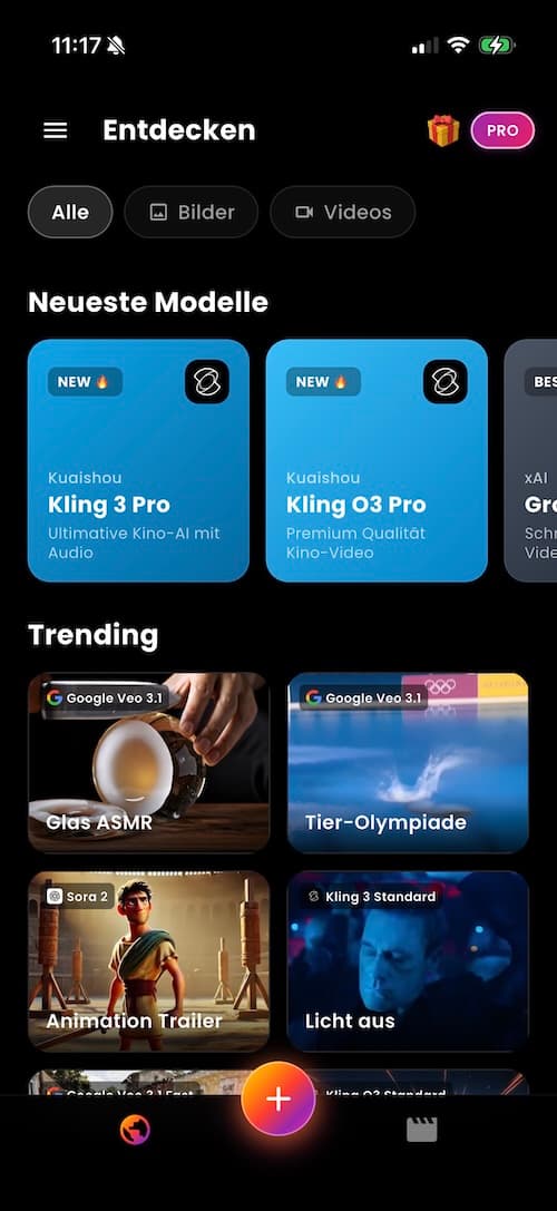 VIBE KI Video Generator App auf Deutsch - Entdecken Ansicht mit Kling, Sora und Veo Modellen